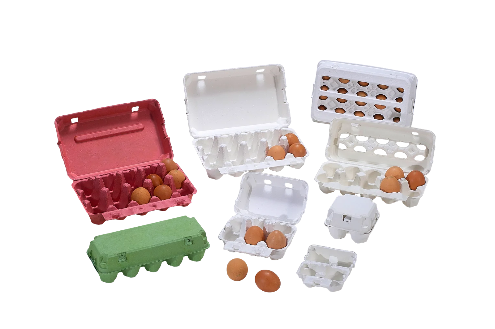 PN Greentec molded-fiber egg cartons in red, green, and natural finishes